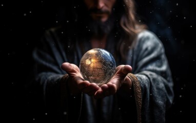 Jesus holding the world with dark background - obrazy, fototapety, plakaty