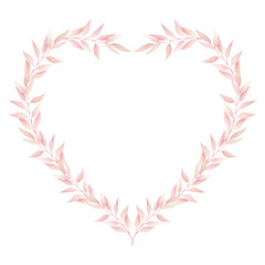 watercolor heart shape frame with pink leaf isolated. Greeting card for Valentine's day.