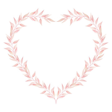 watercolor heart shape frame with pink leaf isolated. Greeting card for Valentine's day.