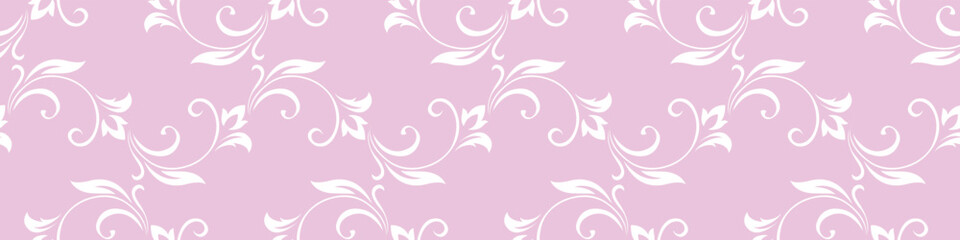 Vintage seamless plant delicate pattern of stylized stems, leaves, flowers and curls on pink background. Retro style. Vector backdrop, texture for victorian wallpapers, wrapping paper, fabric