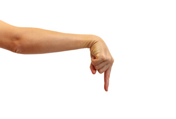 Isolated female hand pointing down with finger.