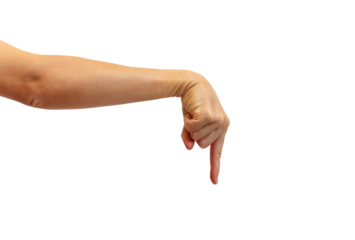 Isolated female hand pointing down with finger.