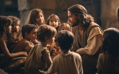 Jesus talking with kids. generative ai - obrazy, fototapety, plakaty
