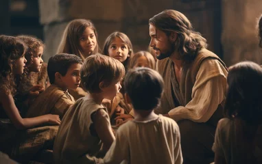 Foto op Plexiglas Jesus talking with kids. generative ai © sticker2you
