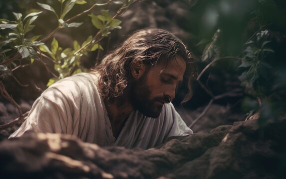 Jesus prays in garden of gethsemane. generative ai