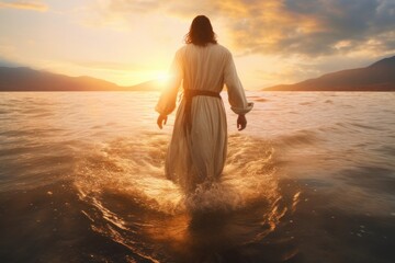 jesus christ walks on water religious concept. generative ai - obrazy, fototapety, plakaty