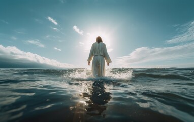 jesus christ walks on water religious concept. generative ai