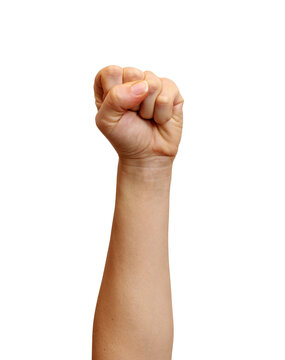 Isolated raised fist or the clenched fist hand gesture. Symbol of solidarity, support, salute to express unity, strength.