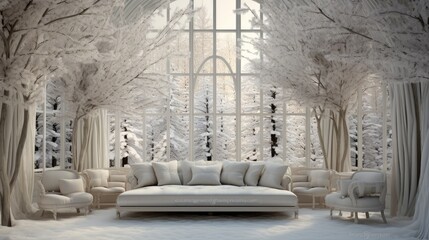 gran salon decorado con árbol de navidad con grandes ventanales con vistas a un bosque nevado, Generative Ai - obrazy, fototapety, plakaty