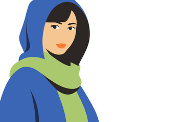 A beautiful woman in a cape, with a blue hood on her head and a green scarf around her neck. Flat vector illustration.