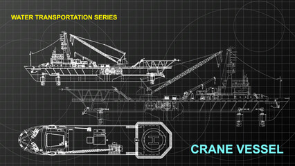 Crane vessel model. Line art sketch wallpaper of water transportation series. Drafting art. Grid lines drawing against dark background. 