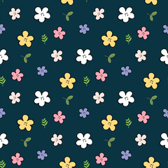 Seamless Pattern with Flower and Leaf Design on Dark Blue Background