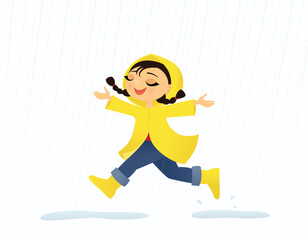 Girl joyfully splashing in the puddles in the rain