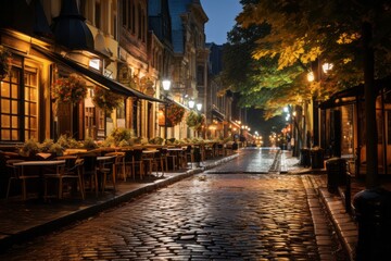 Fototapeta premium Cobblestone street showcasing the city's culinary diversity and nightlife, Generative AI