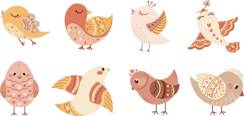 Flat cute birds with folklore ornaments. Spring birds in nude pastel colors for prints, fabrics, patterns