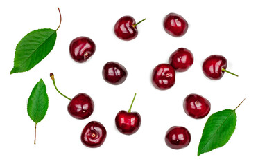Sweet cherry fruits isolated on a white background, top view - obrazy, fototapety, plakaty