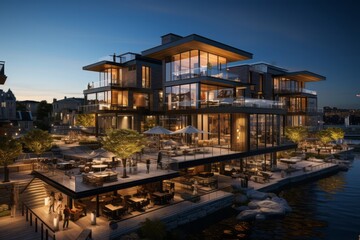 Fototapeta na wymiar Modern waterfront development with sleek bars and upscale dining as the sun sets, Generative AI