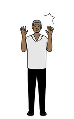 驚いて手を上げるアフリカ系シニア男性