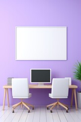 Empty lavender bright private office room with a pair of monitors on the desk with a blank white poster