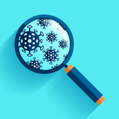 Search loupe icon in flat style, magnifying glass on color background. Medicine zoom tool. Virus in magnifier. Vector design object for you project