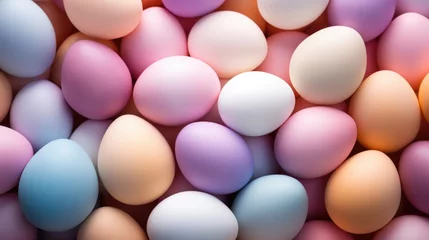 Kussenhoes Lots of Easter eggs and feathers in trendy pastel candy colors. Festive background. © Татьяна Креминская