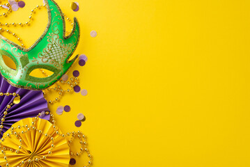 Festive Finery Arrangement: Top view capturing extravagant New Orleans mask, colorful bead strand,...