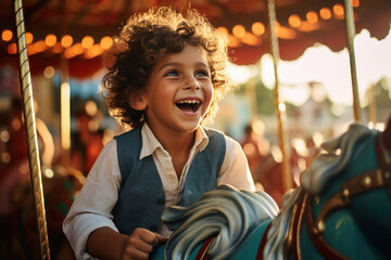 Fototapeta na wymiar Cute little boy playing on carousel at amusement park.
