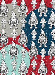 Seamless pattern with gnomes and elfs on the red background