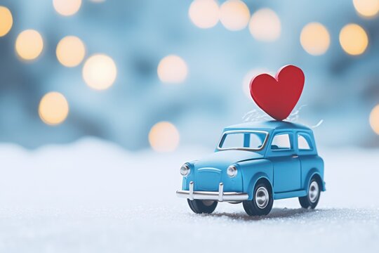 Retro toy car with red heart on roof. Generative AI - Powered by Adobe