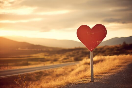 Naklejki Heart is road sign. Valentine's day background. Generative AI