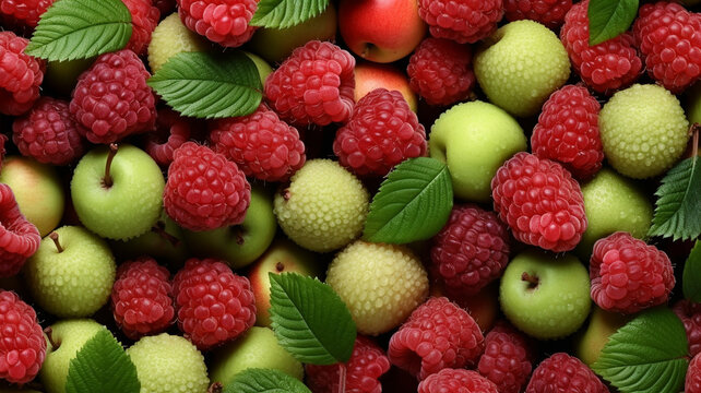 Pattern of raspberry and green apples