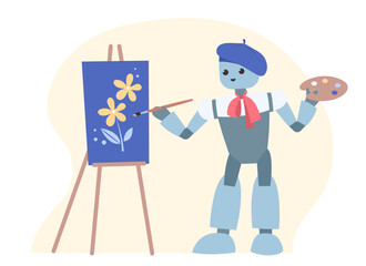Cute robot artist paints picture on canvas. Art generated by artificial intelligence.