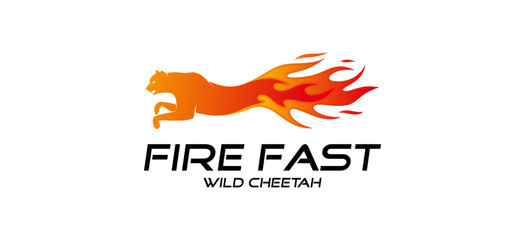 Vector wild animal leopard running with blazing fire, leopard fire logo