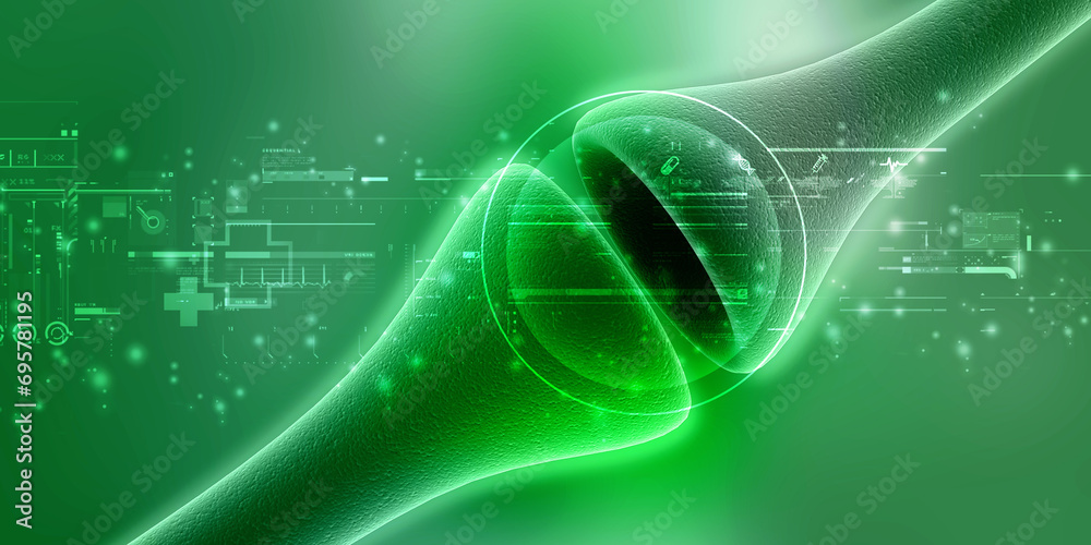 Wall mural synapse and neuron cells sending electrical chemical signals. 3d rendering