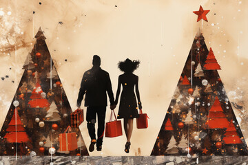 A Festive Couple Strolling by a Beautifully Decorated Winter Christmas tree Grunge banner background