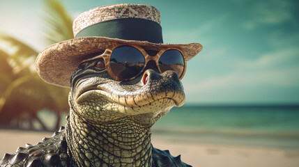 Crocodile with glasses and a hat on the sea beach