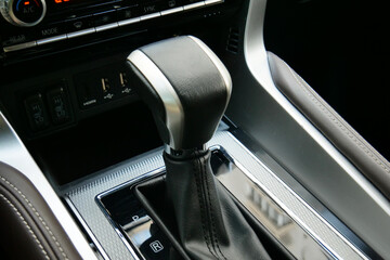 Automatic Gearbox Lever With Leather And Aluminum Trim In Business Car 
