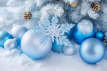Fototapeta na wymiar Christmas background with blue and silver balls and snowflakes on fir branches.