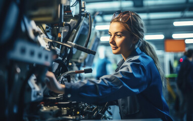 Fototapeta na wymiar Young female mechanic working at manufacturing plant.