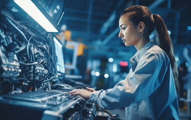 Fototapeta na wymiar Young female mechanic working at manufacturing plant.