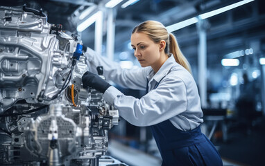 Young female mechanic working at manufacturing plant.