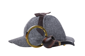 PNG,Magnifying glass with fingerprints, and hat, isolated on white background
