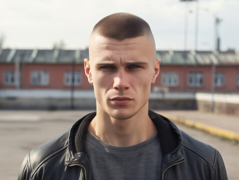 Portrait young hateful skinhead outside