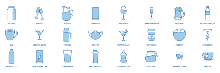 drink icon set, Included icons as Beer Mug, Folder, Tea Pot, Milk Bottle and more symbols collection, logo isolated vector illustration - obrazy, fototapety, plakaty