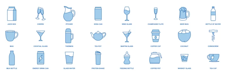 Foto op Plexiglas drink icon set, Included icons as Beer Mug, Folder, Tea Pot, Milk Bottle and more symbols collection, logo isolated vector illustration © keenan