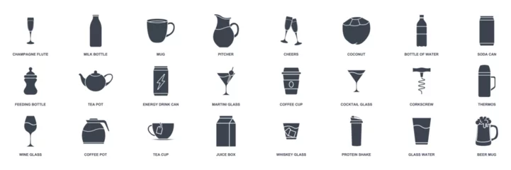 Foto op Plexiglas drink icon set, Included icons as Beer Mug, Folder, Tea Pot, Milk Bottle and more symbols collection, logo isolated vector illustration © keenan