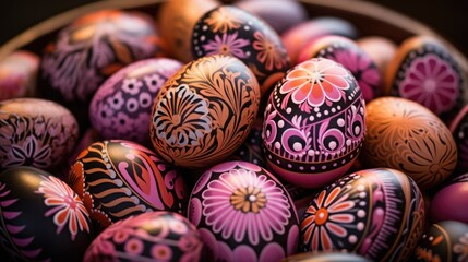 Fototapeta na wymiar Lots of vibrant Easter eggs with floral pattern. Festive background.