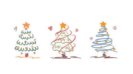 Set of hand-drawn sketch Christmas and New Year tree. Hand drawn set of Christmas trees. Holidays background. Abstract doodle drawing woods. Vector art illustration. 