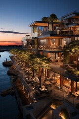 Modern waterfront development with sleek bars and upscale dining as the sun sets, Generative AI