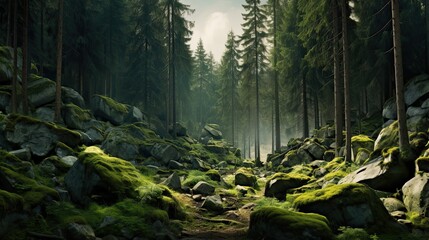 wilderness landscape forest with pine trees and moss - obrazy, fototapety, plakaty